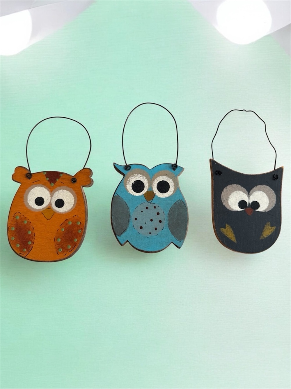 Owl Wood Ornaments - Orange, Blue, Black